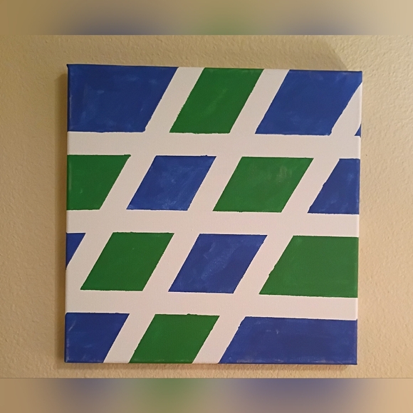 Handmade Other - Handmade Blue & Green Geometric Abstract Wall Art Decor Painting Signed 12x12”